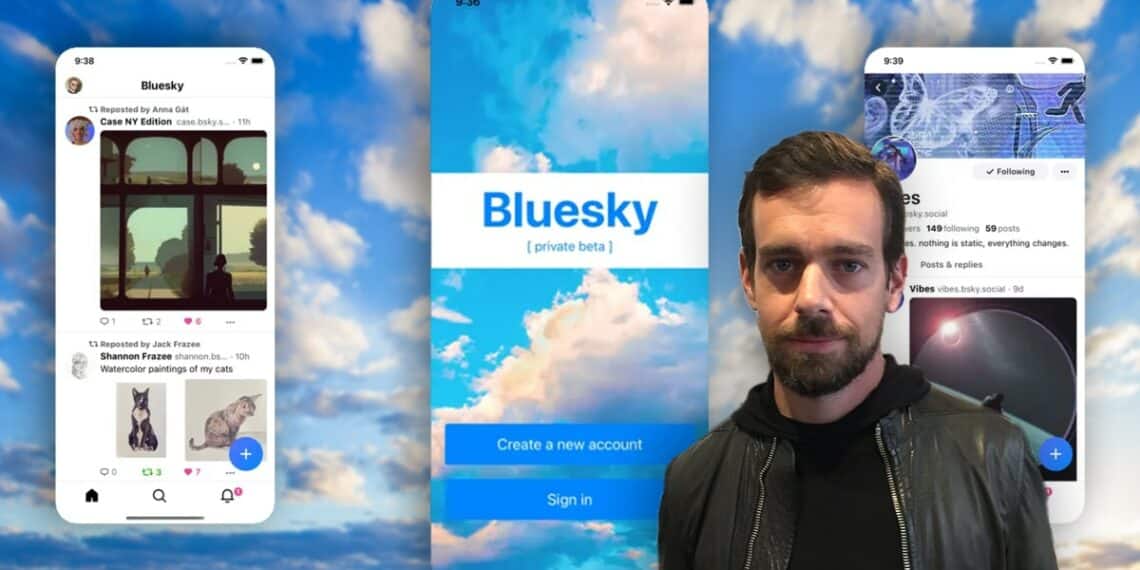 jack dorsey con pantallas de su nueva red social, bluesky, y cielo en el fondo.