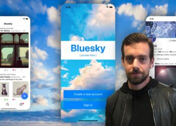 jack dorsey con pantallas de su nueva red social, bluesky, y cielo en el fondo.