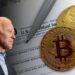 Joe Biden en frente de bandera de los Estados Unidos junto a monedas de bitcoin sobre planilla de declaración de impuestos