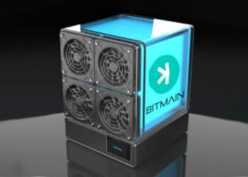 Minero y logo de Bitmain y Kaspa.