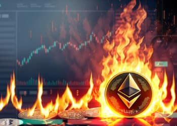 moneda de ethereum en llamas con monedas esparcidas en el fuego con plataforma de trading de kucoin en el fondo