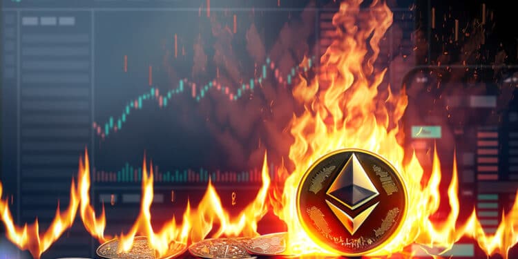 moneda de ethereum en llamas con monedas esparcidas en el fuego con plataforma de trading de kucoin en el fondo