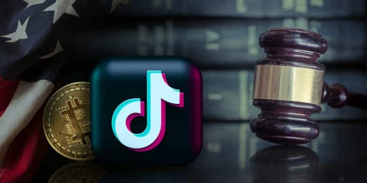 toho de tiktok con moneda de bitcoin detras y bandera de Estados Unidos superpuesta junto a martillo de juez con libros de leyes en el fondo