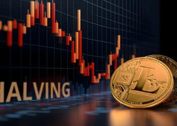 moneda de litecoin junto a graico de precio en bajada con halvins escrito en la pantalla