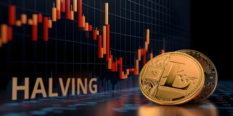 moneda de litecoin junto a graico de precio en bajada con halvins escrito en la pantalla