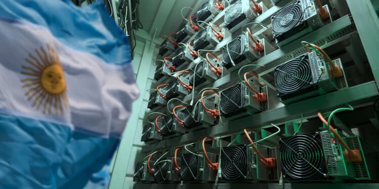 bandera de Argentina con mineros asic en el fondo