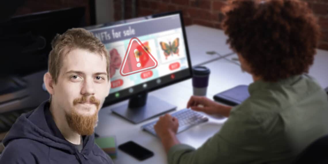 Luke Dashjr y señal de advertencia sobre patalla de computadora ofreciendo venta de NFT a persona frente a computadora