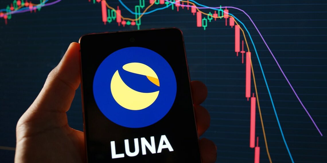 logo de Luna en telefono movil con grafico de precio bajista en el fondo