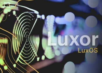 logo de Luxor y LuxOS junto a minero asi para la minería de bitcoin