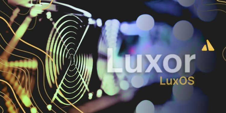 logo de Luxor y LuxOS junto a minero asi para la minería de bitcoin