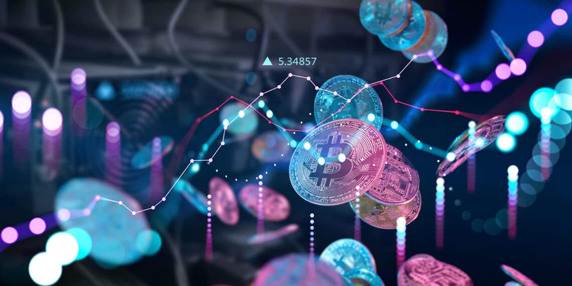 monedas de bitcoin junto a grafico alcista con mineros asic de bitcoin en el fondo