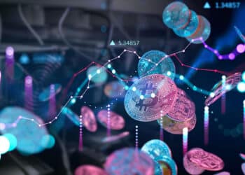 monedas de bitcoin junto a grafico alcista con mineros asic de bitcoin en el fondo