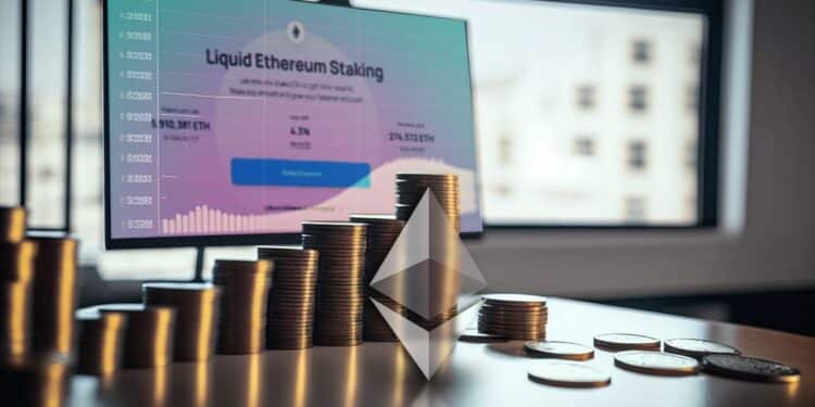 logo de ethereum sobre mesa de madera con monedas apiladas y pantalla con plataforma de Lifo Finance en pantalla en el fondo