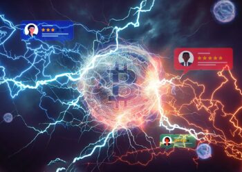 moneda de bitcoin dentro de red de relampagos con comentarios y evaluaciones de reputación superpuesta