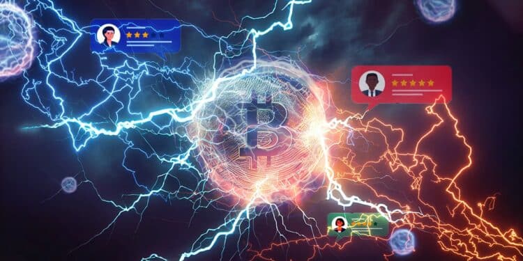 moneda de bitcoin dentro de red de relampagos con comentarios y evaluaciones de reputación superpuesta