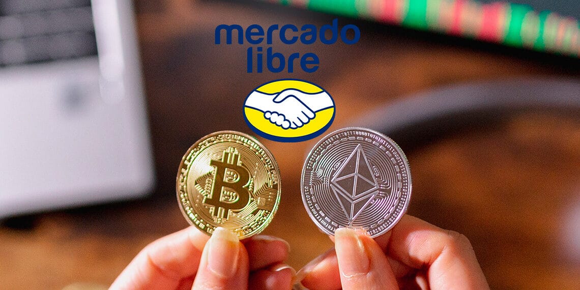 Bitcoin y ether junto a logo de mercado libre.