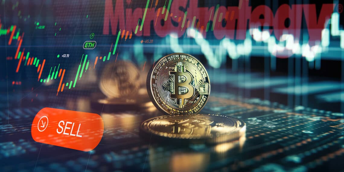 moneda de bitcoin entre pantallas de venta en exchange y graficos con logo ed microstrategy en el fondo