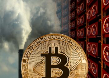 moneda de bitcoin con emisiones de carbono y rigs de minería en el fondo