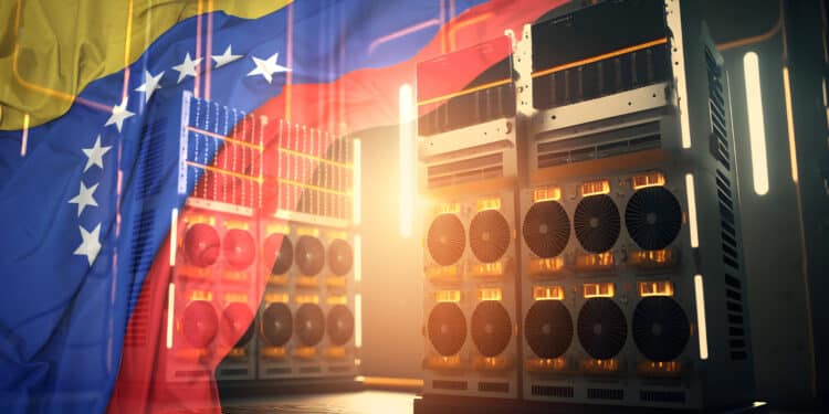 Mineros de bitcoin y bandera de Venezuela.