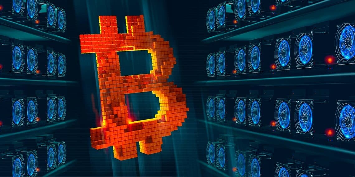 Logo de Bitcoin conformado por bloques entre lineas de mineros asic