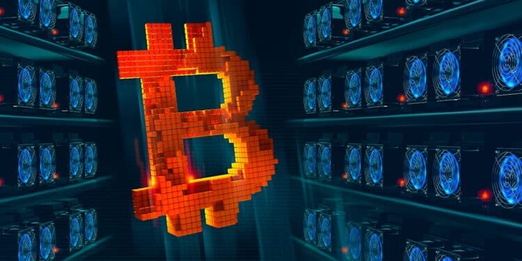 Logo de Bitcoin conformado por bloques entre lineas de mineros asic