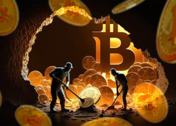 monedas de bitcoin cayendo con mineros de criptomonedas abriendo cueva con monedas y logo de bitcoin en el fondo