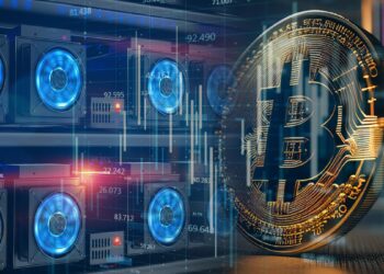maquinas asic junto a moneda de bitcoin con grafico digital superpuesto