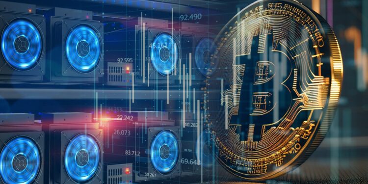 maquinas asic junto a moneda de bitcoin con grafico digital superpuesto