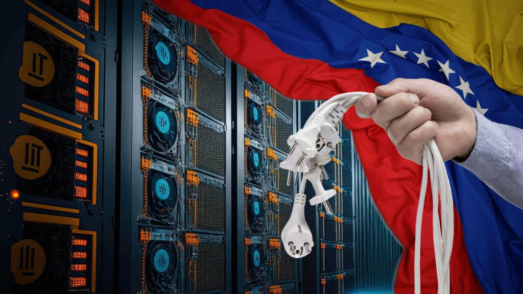 Mineros de bitcoin desconectados y bandera de Venezuela.