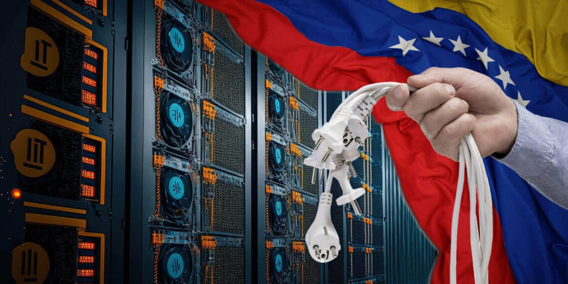 Mineros de bitcoin desconectados y bandera de Venezuela.