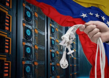 Mineros de bitcoin desconectados y bandera de Venezuela.