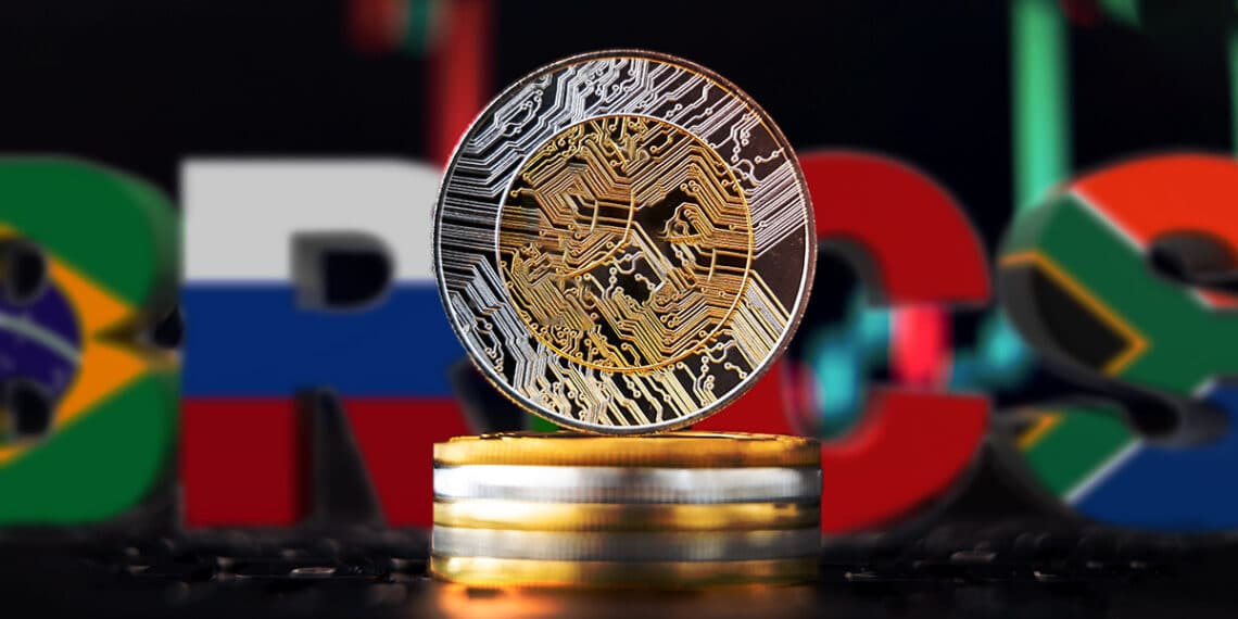 moneda con siglas del BRICS con graficas de precio en el fondo