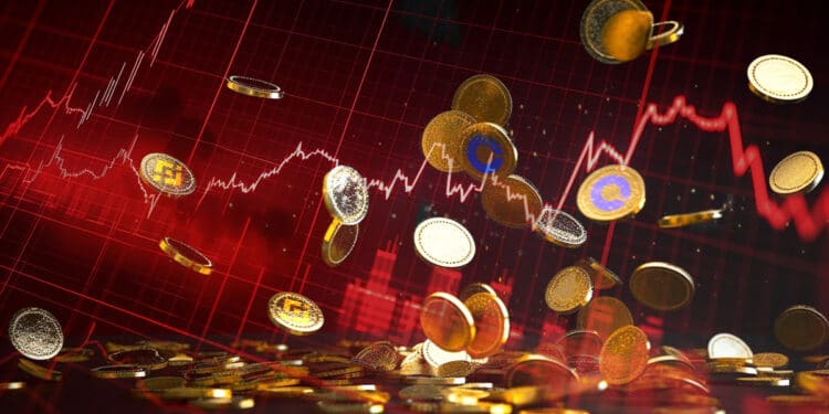 Monedas cayendo con logos de Binance y Coinbase con grafico de precio bajista superpuesto