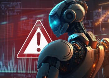 Bot de trading junto a logo de alerta.