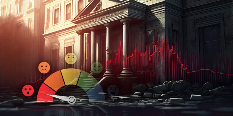 indicador de moody's señalando negativo en frente de banco con grafico rojo pintado