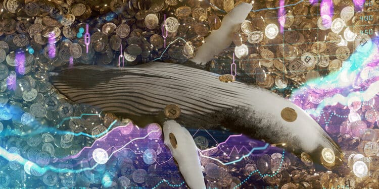 ballena sobre mar de monedas de bitcoin con grafico de precio superpuesto