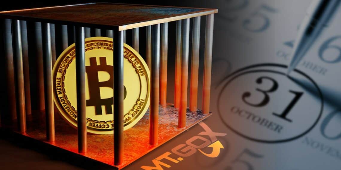 moneda de bitcoin dentro de jaula con logo de MTGox en el suelo junto a calendario con 31 de octubre señalado