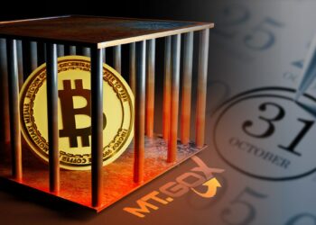 moneda de bitcoin dentro de jaula con logo de MTGox en el suelo junto a calendario con 31 de octubre señalado