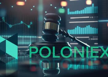 logo de Poloniex sobre escritorio con graficos de precio y martillo de juez