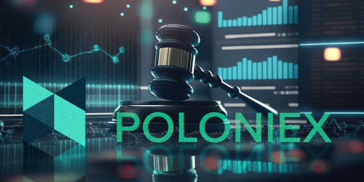 logo de Poloniex sobre escritorio con graficos de precio y martillo de juez