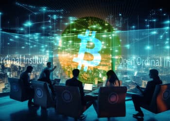 desarrolladores sentados en sillas con logo de Open Ordinals Institute alrededor de bitcoin digital