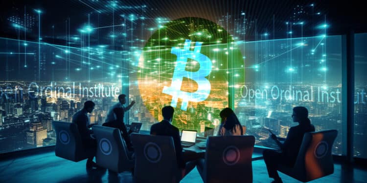 desarrolladores sentados en sillas con logo de Open Ordinals Institute alrededor de bitcoin digital