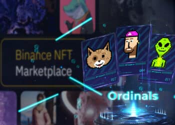 tarjetas de NFT ordinals con marketplace de bft de binance en el fondo