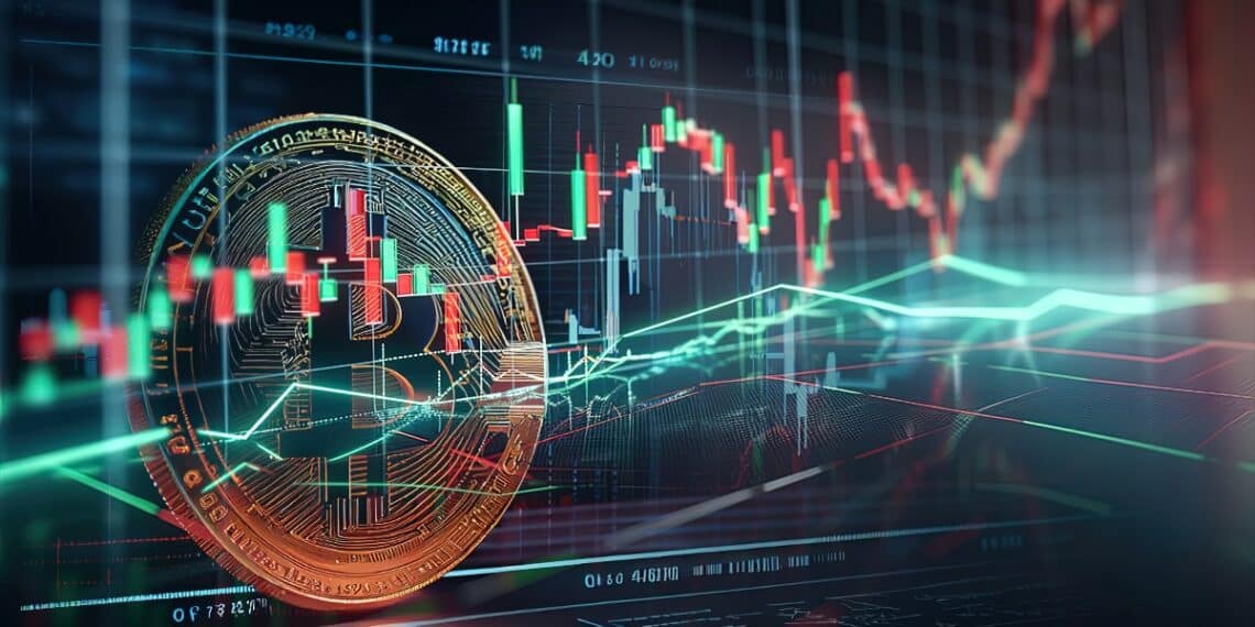 moneda de bitcoin con grafico de precio superpuesto marcando nivel limite de precio