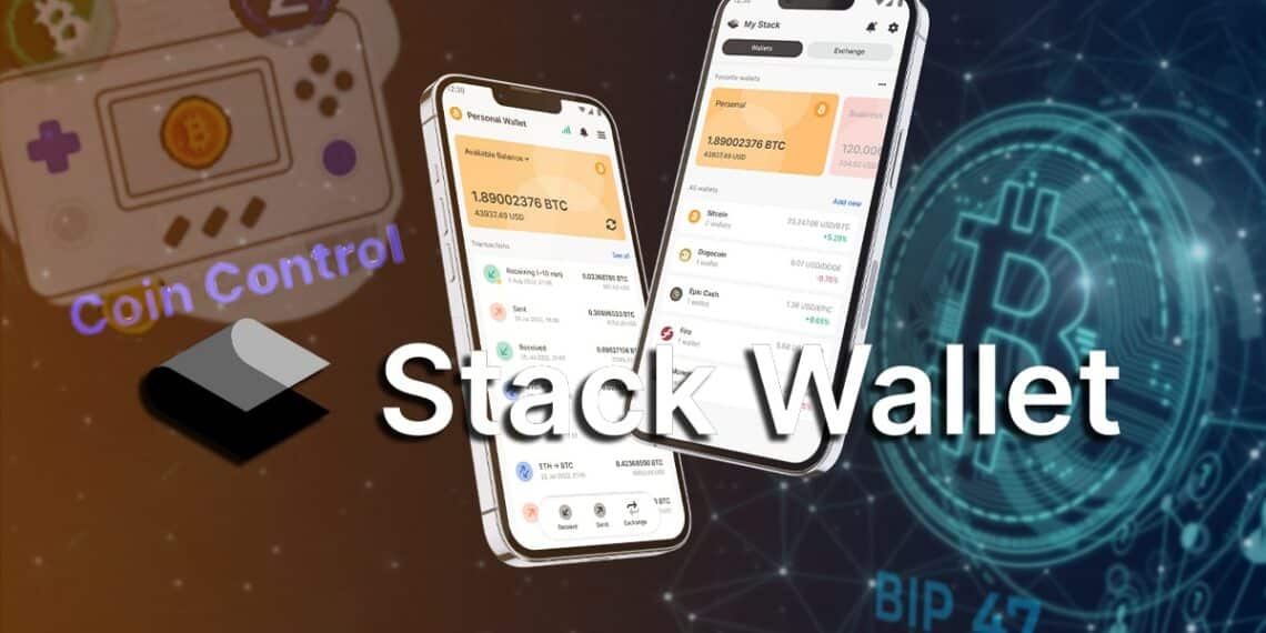 stack wallet en dispositivos moviles con red digital, bitcoin y coin control en el fondo