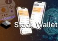 stack wallet en dispositivos moviles con red digital, bitcoin y coin control en el fondo