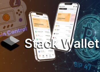 stack wallet en dispositivos moviles con red digital, bitcoin y coin control en el fondo