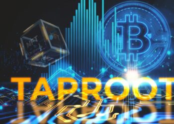 taproot sobre placa digital con grafico creciente, logo de bitcoin y bloque de NFT ordinal en el fondo