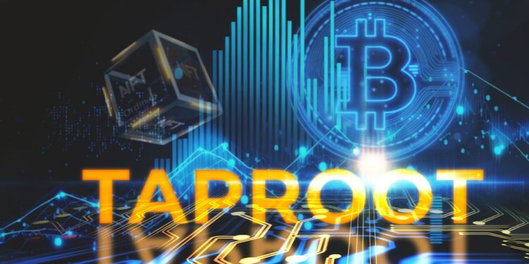 taproot sobre placa digital con grafico creciente, logo de bitcoin y bloque de NFT ordinal en el fondo