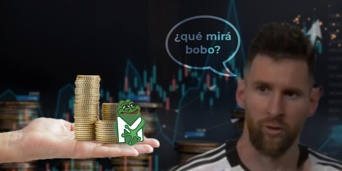 mano ofreciendo monedas con logo de PEPE junto a Lionel Messi con graficos de precio en alza en el fondo